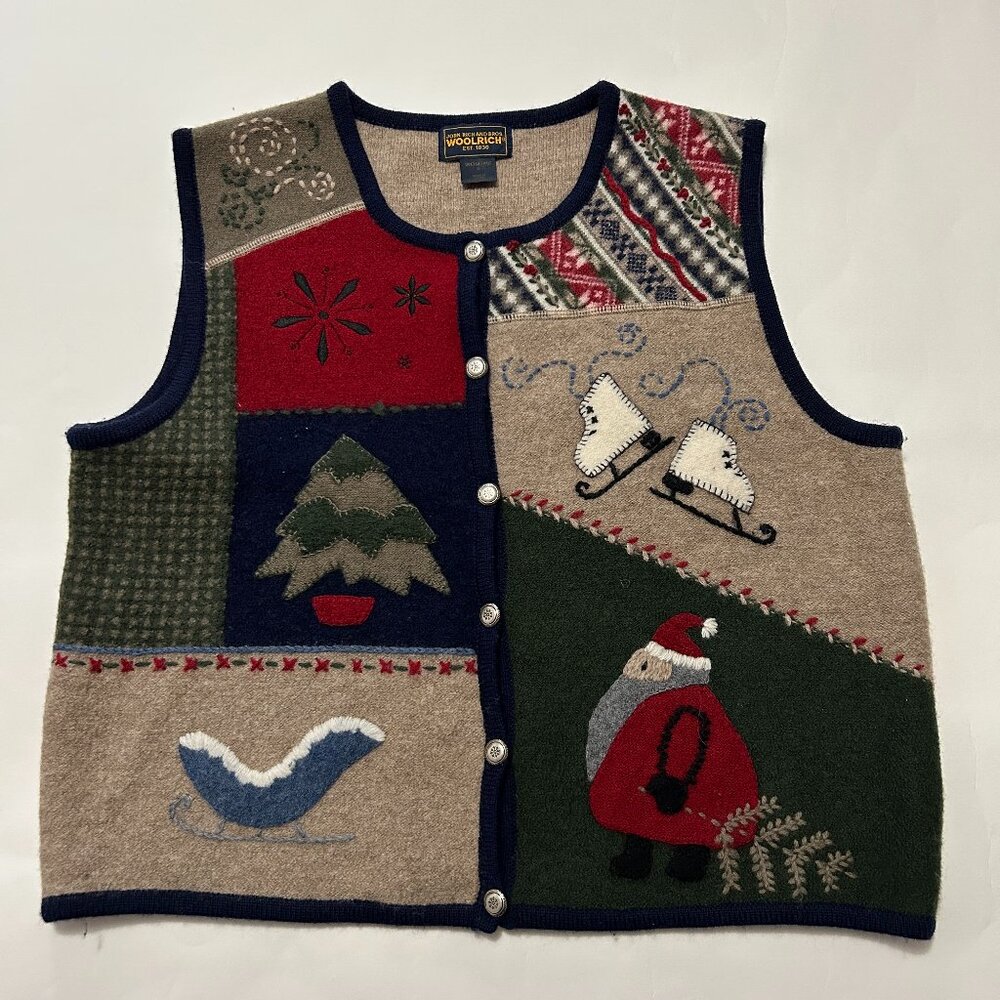 Vintage Woolrich 100% Wool Novelty Vest Womens size L Patchwork Christmas Santa
